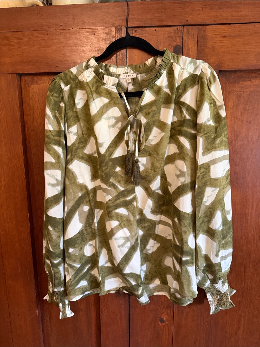 Joie Olive & White Abstract Brushstroke Tie-Neck Blouse